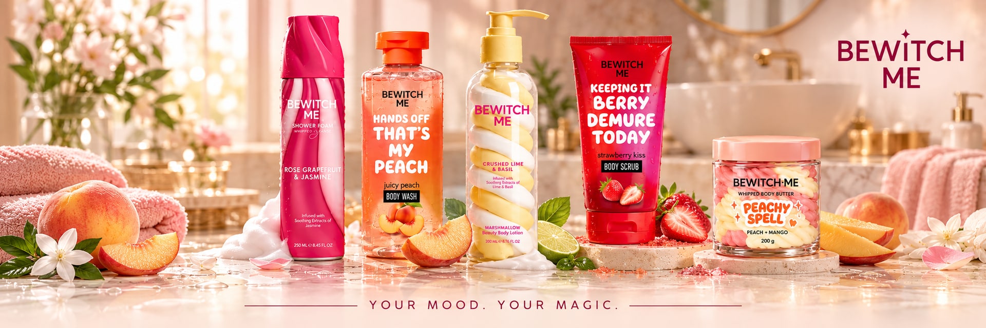Bewitch Me shower foam, peach body wash, body lotion, strawberry scrub and body butter