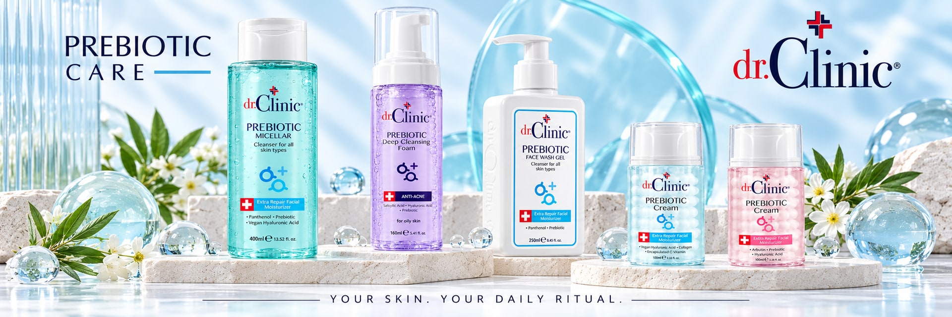 Dr. Clinic Prebiotic micellar water, cleansing foam, face wash gel and creams