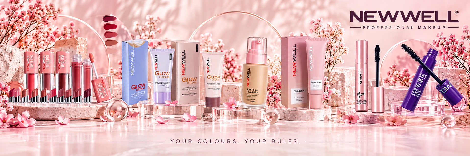 Newwell lipsticks, lip gloss, glow creams, foundations and mascaras