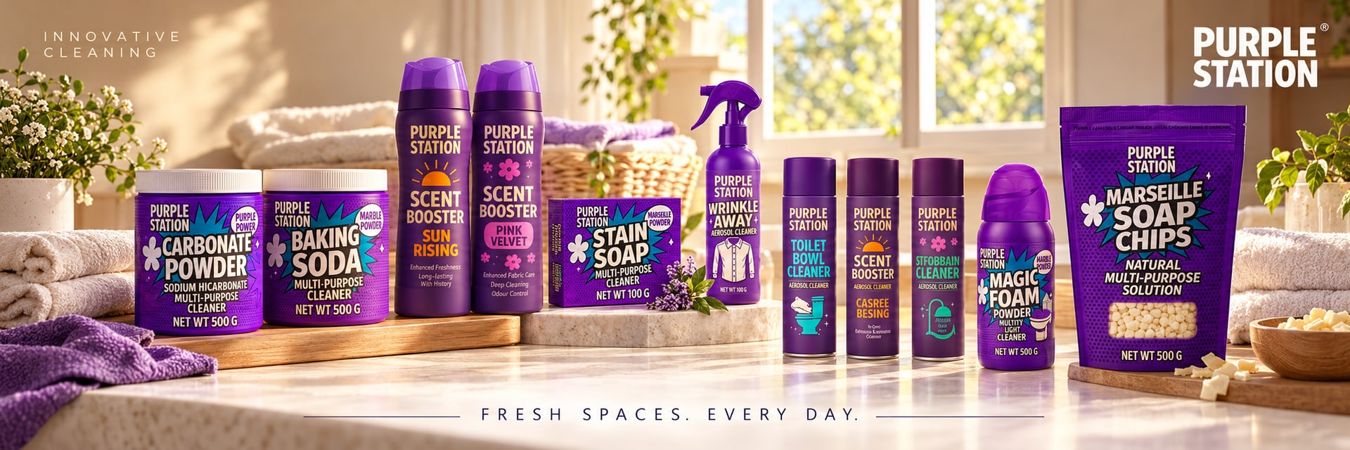 Purple Station household cleaning powders, laundry care, sprays and soap chips