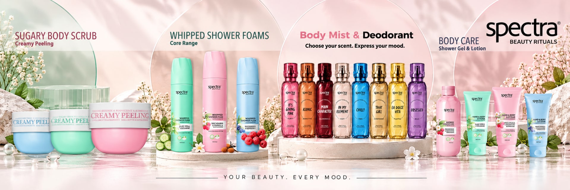 Spectra body scrubs, shower foams, body mists, shower gel and lotions